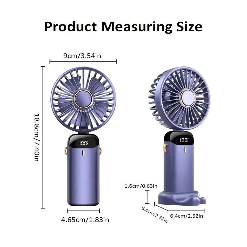 Portable Handheld Mini Fan with Foldable Neck-Hanging Design – 5-Speed USB Rechargeable, Includes Phone Stand, Display Screen, and 1800mAh Battery