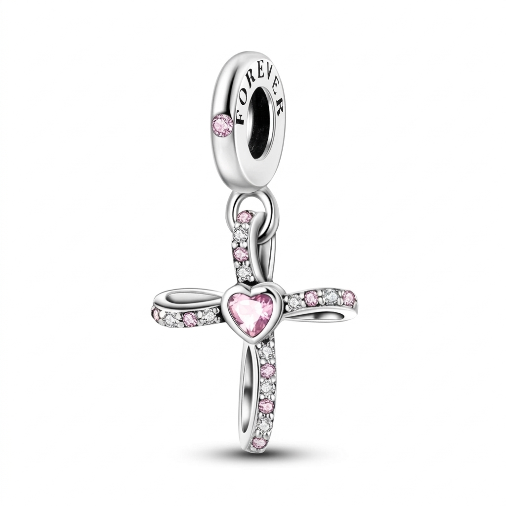 Pink Heart Cross Dangle Charm