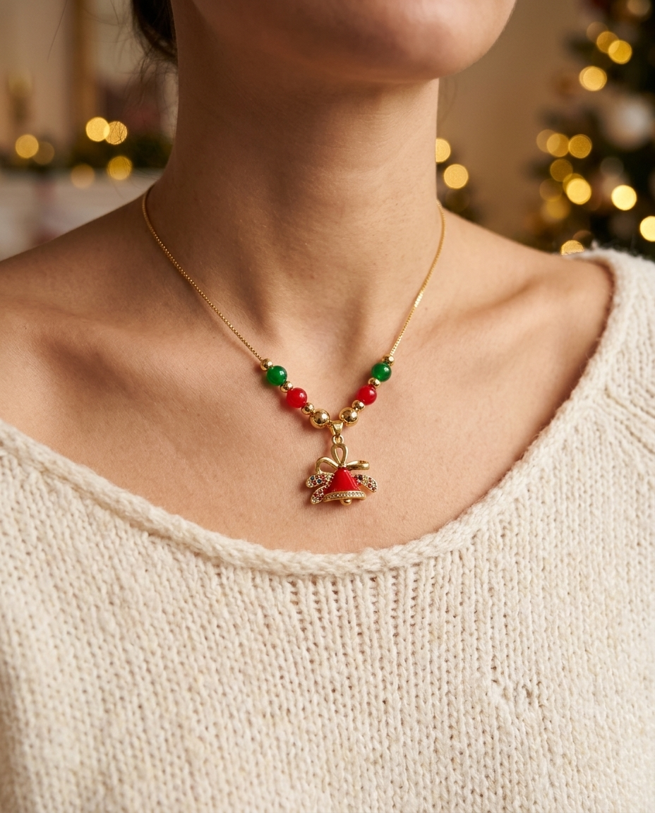 Red Bell & Bow Christmas Necklace worn