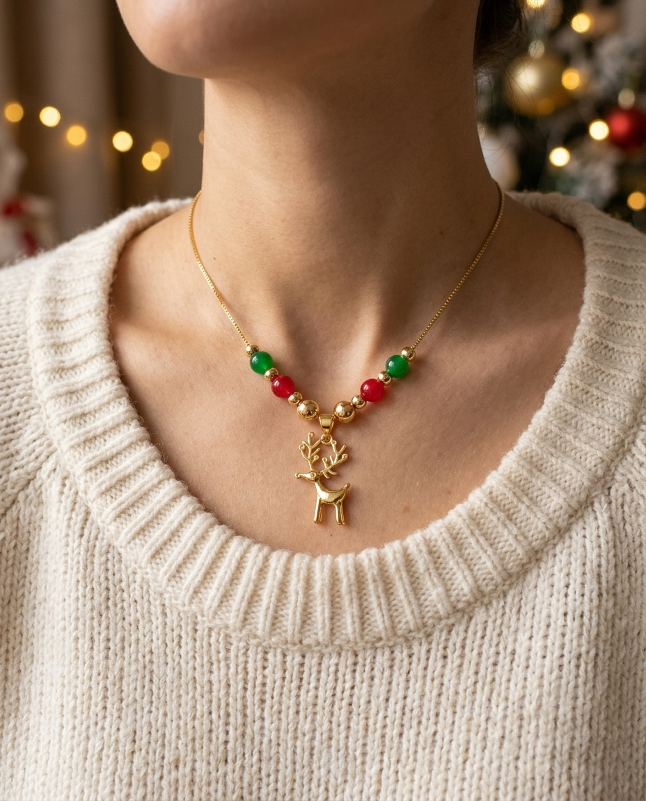 Golden Reindeer Christmas Necklace worn