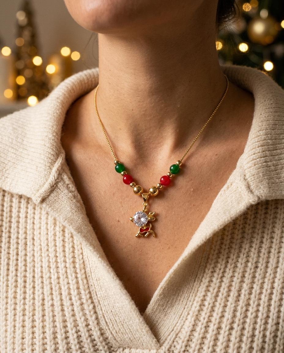 Dancing Reindeer Christmas Necklace worn