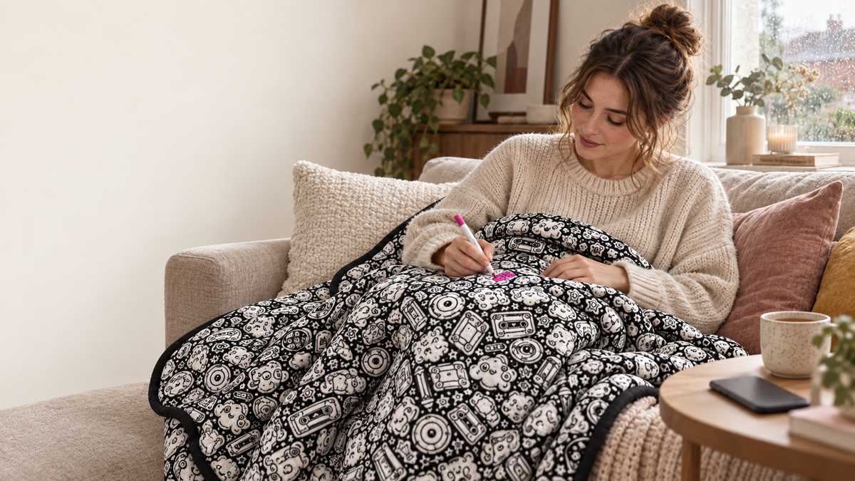 Woman colouring the COZOODLE washable blanket on a sofa