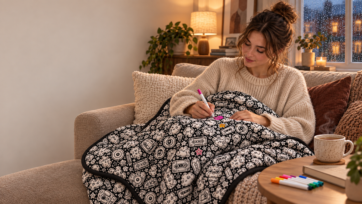 COZOODLE washable colouring blanket on a cosy day indoors