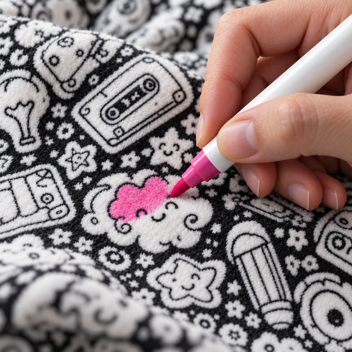 Close-up of the COZOODLE blanket print and fabric markers