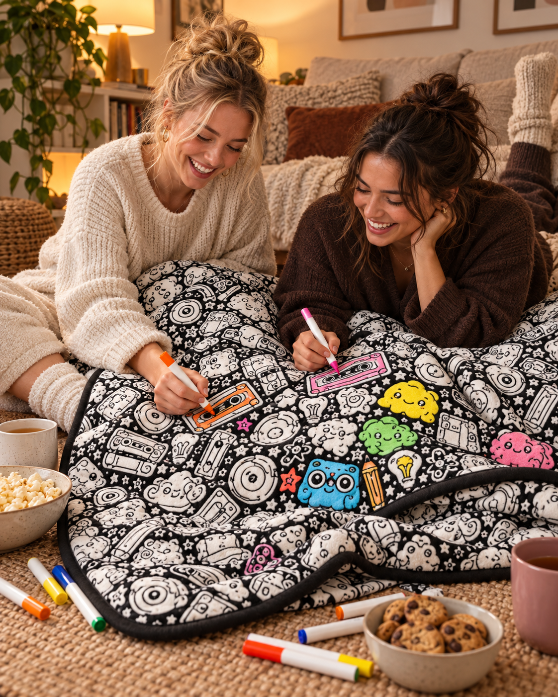 Friends colouring a COZOODLE blanket together