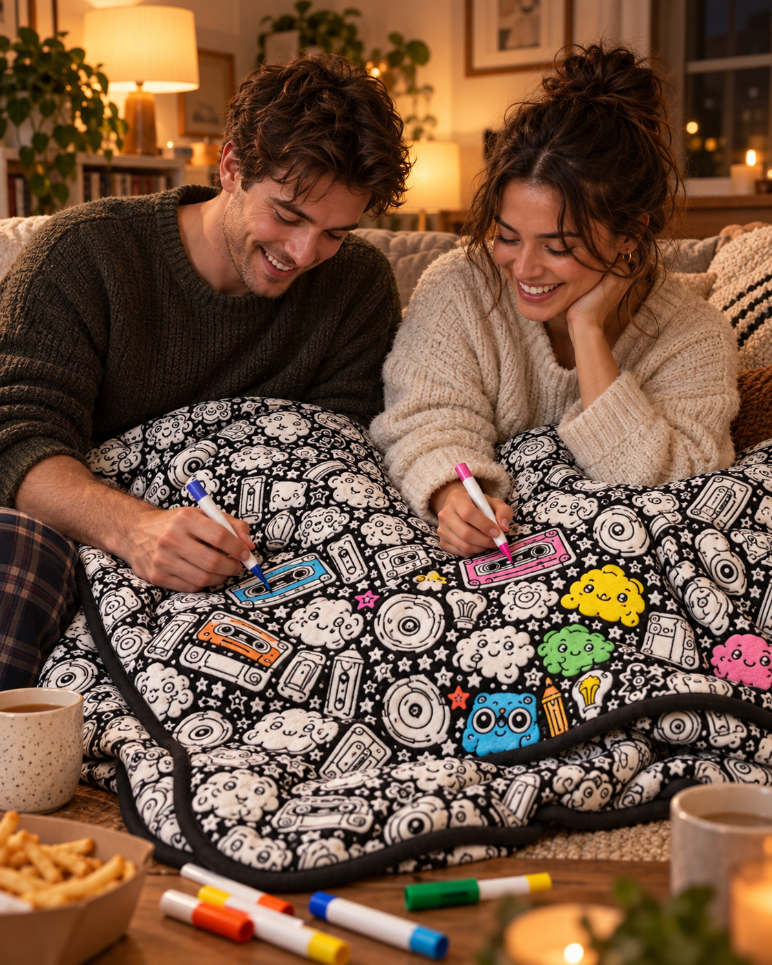Couple colouring a COZOODLE blanket together