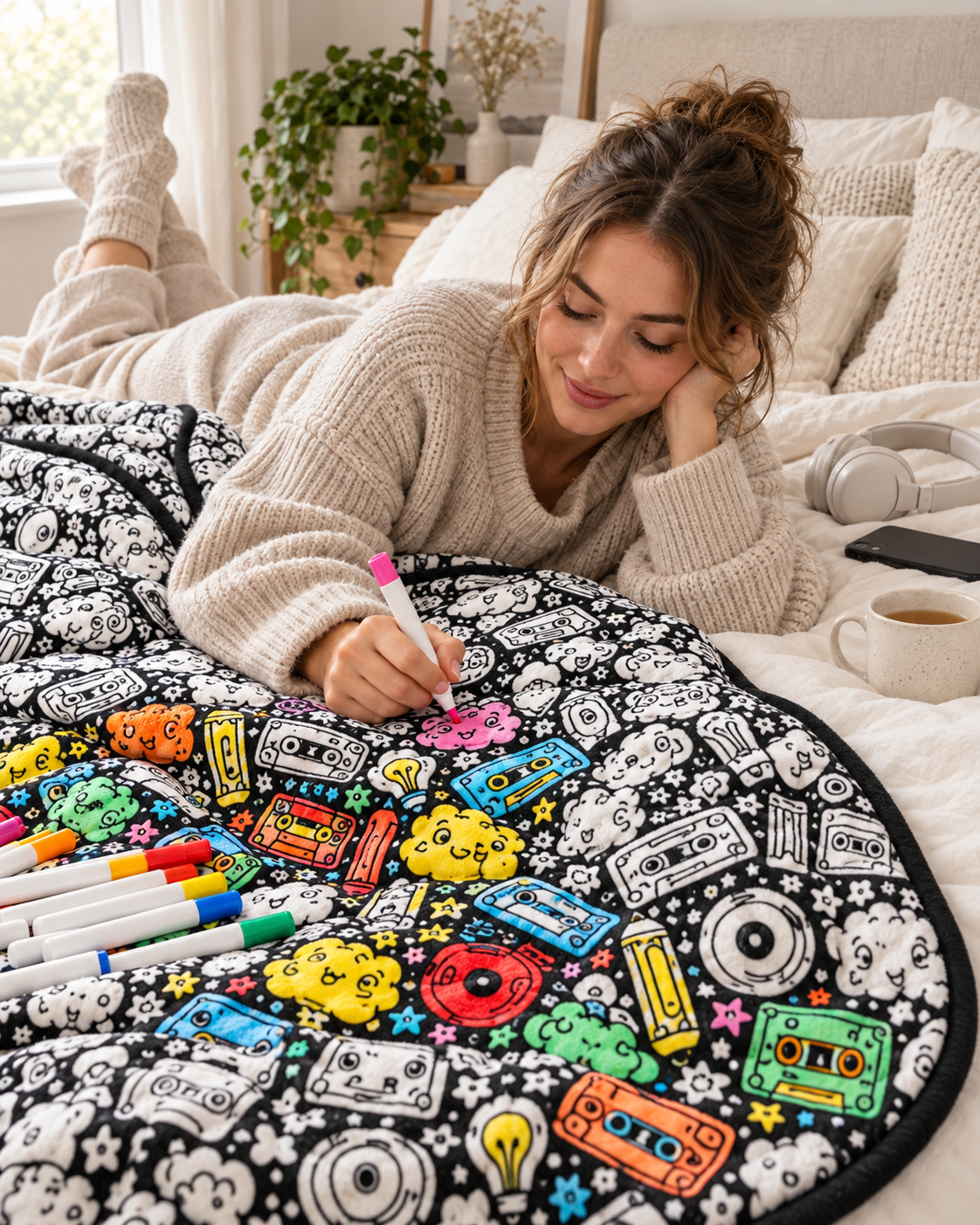 Woman colouring her COZOODLE blanket at home