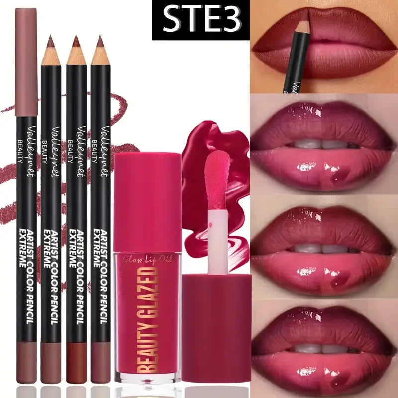 4-Piece Lip Kit: 3 Lip Liners + 1 Lip Glaze, Waterproof & Long-Lasting Matte Finish, Versatile for Casual & Formal Occasions