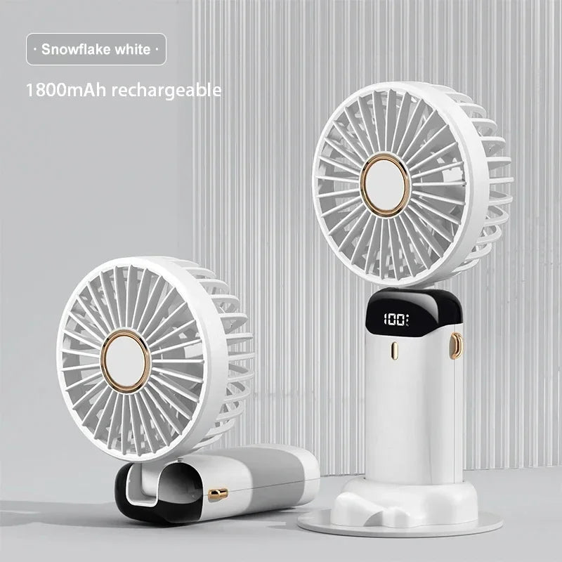 Portable Handheld Mini Fan with Foldable Neck-Hanging Design – 5-Speed USB Rechargeable, Includes Phone Stand, Display Screen, and 1800mAh Battery