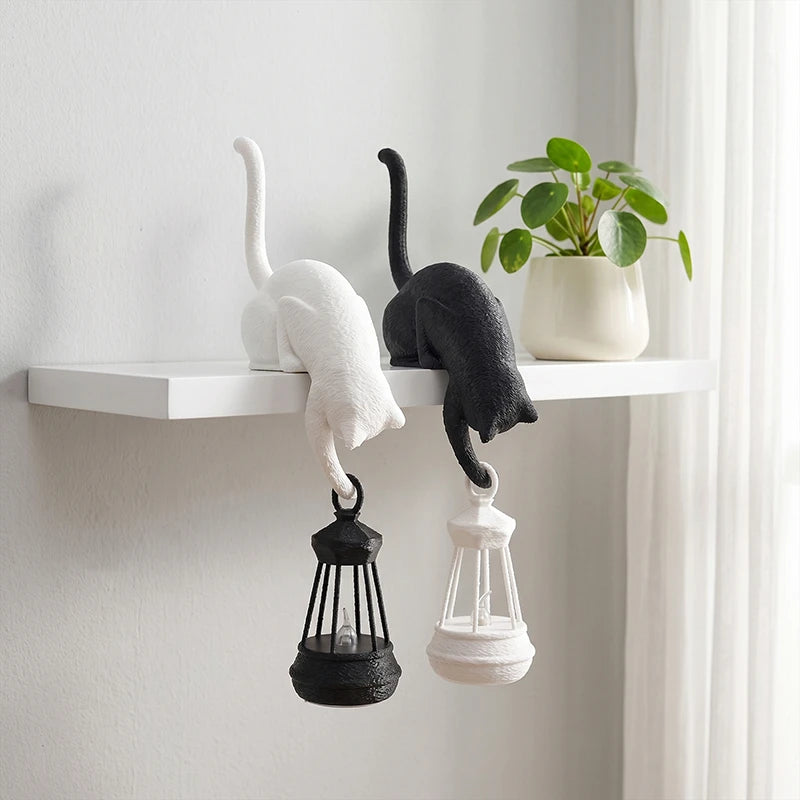 Perch Cat Shelf Ornament — 3D-Printed Lantern-Holding Cat Figurine