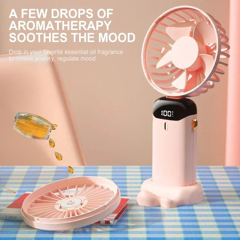 Portable Handheld Mini Fan with Foldable Neck-Hanging Design – 5-Speed USB Rechargeable, Includes Phone Stand, Display Screen, and 1800mAh Battery