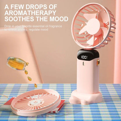 Portable Handheld Mini Fan with Foldable Neck-Hanging Design – 5-Speed USB Rechargeable, Includes Phone Stand, Display Screen, and 1800mAh Battery
