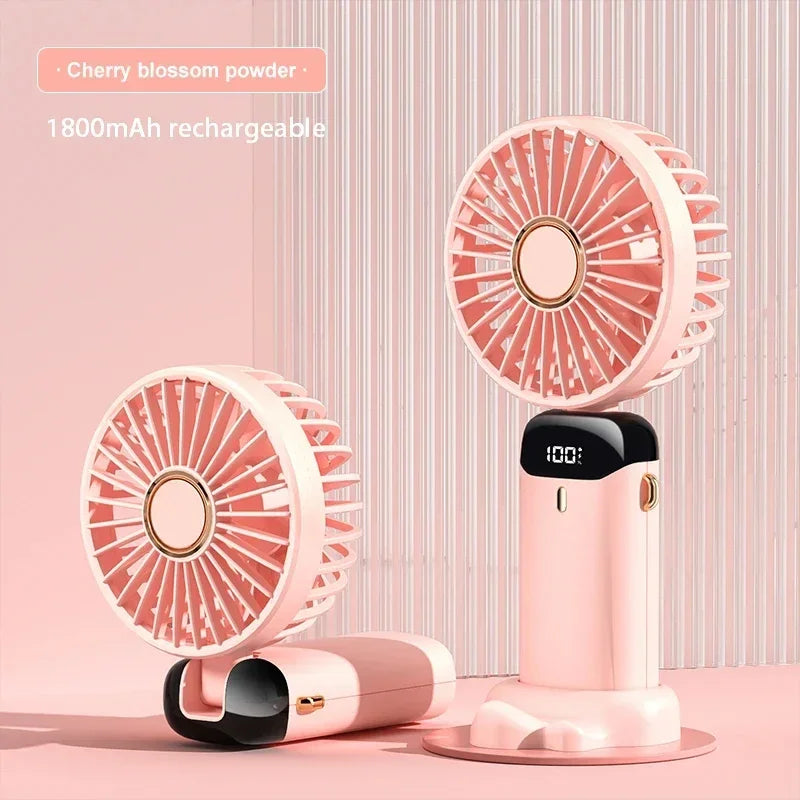 Portable Handheld Mini Fan with Foldable Neck-Hanging Design – 5-Speed USB Rechargeable, Includes Phone Stand, Display Screen, and 1800mAh Battery