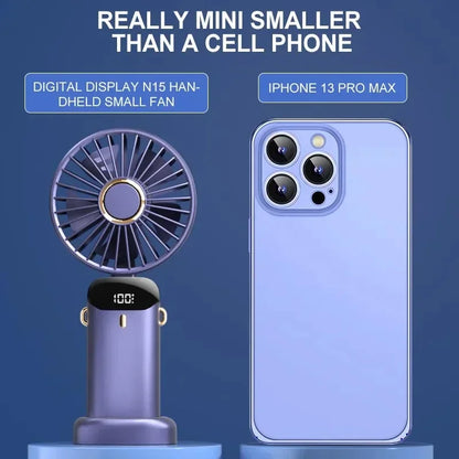 Portable Handheld Mini Fan with Foldable Neck-Hanging Design – 5-Speed USB Rechargeable, Includes Phone Stand, Display Screen, and 1800mAh Battery
