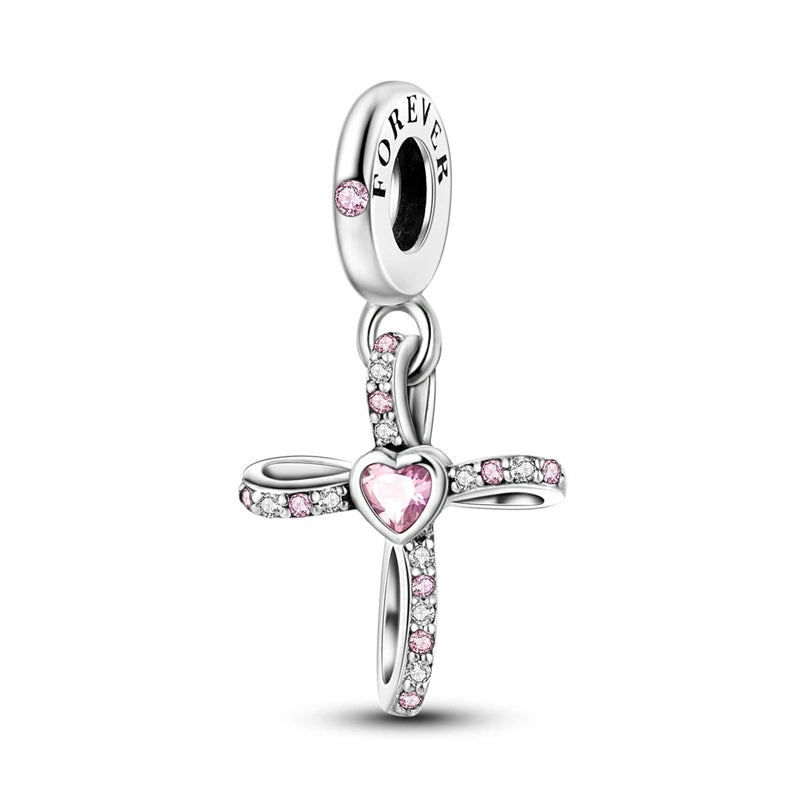Pink Heart Cross Dangle Charm