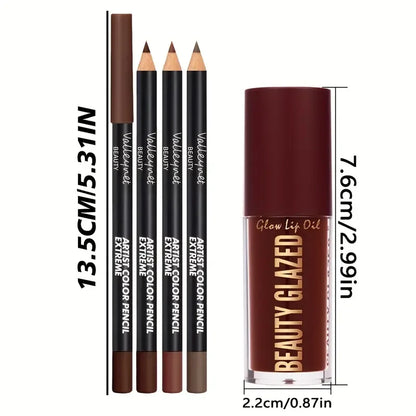4-Piece Lip Kit: 3 Lip Liners + 1 Lip Glaze, Waterproof & Long-Lasting Matte Finish, Versatile for Casual & Formal Occasions