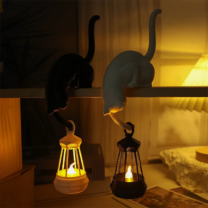 Perch Cat Shelf Ornament — 3D-Printed Lantern-Holding Cat Figurine