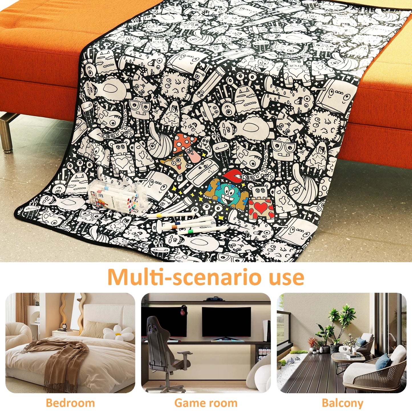 Canvas Colour-In Blanket — Fleece Throw with 24 Fabric Markers