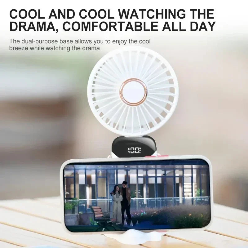 Portable Handheld Mini Fan with Foldable Neck-Hanging Design – 5-Speed USB Rechargeable, Includes Phone Stand, Display Screen, and 1800mAh Battery