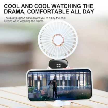 Portable Handheld Mini Fan with Foldable Neck-Hanging Design – 5-Speed USB Rechargeable, Includes Phone Stand, Display Screen, and 1800mAh Battery