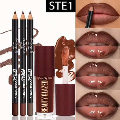 4-Piece Lip Kit: 3 Lip Liners + 1 Lip Glaze, Waterproof & Long-Lasting Matte Finish, Versatile for Casual & Formal Occasions