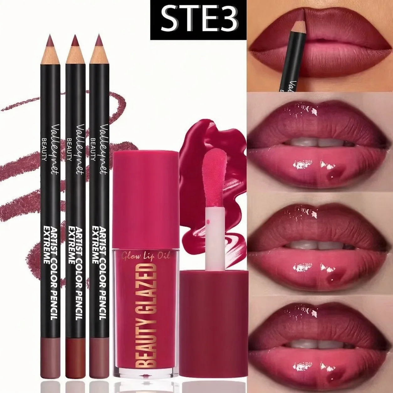 4-Piece Lip Kit: 3 Lip Liners + 1 Lip Glaze, Waterproof & Long-Lasting Matte Finish, Versatile for Casual & Formal Occasions