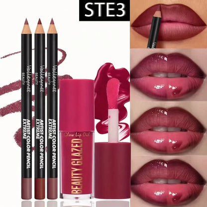 4-Piece Lip Kit: 3 Lip Liners + 1 Lip Glaze, Waterproof & Long-Lasting Matte Finish, Versatile for Casual & Formal Occasions