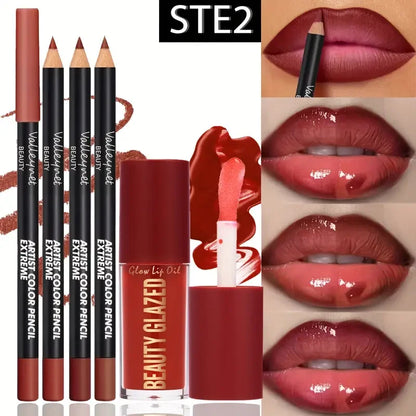 4-Piece Lip Kit: 3 Lip Liners + 1 Lip Glaze, Waterproof & Long-Lasting Matte Finish, Versatile for Casual & Formal Occasions