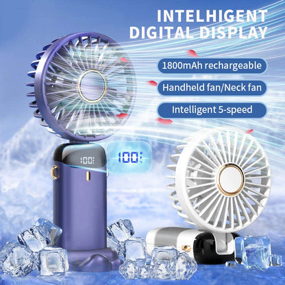 Portable Handheld Mini Fan with Foldable Neck-Hanging Design – 5-Speed USB Rechargeable, Includes Phone Stand, Display Screen, and 1800mAh Battery