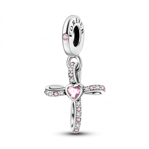 Pink Heart Cross Dangle Charm