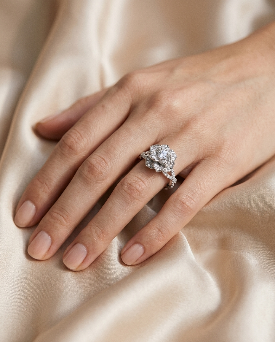 Crystal Rose Ring worn on the hand