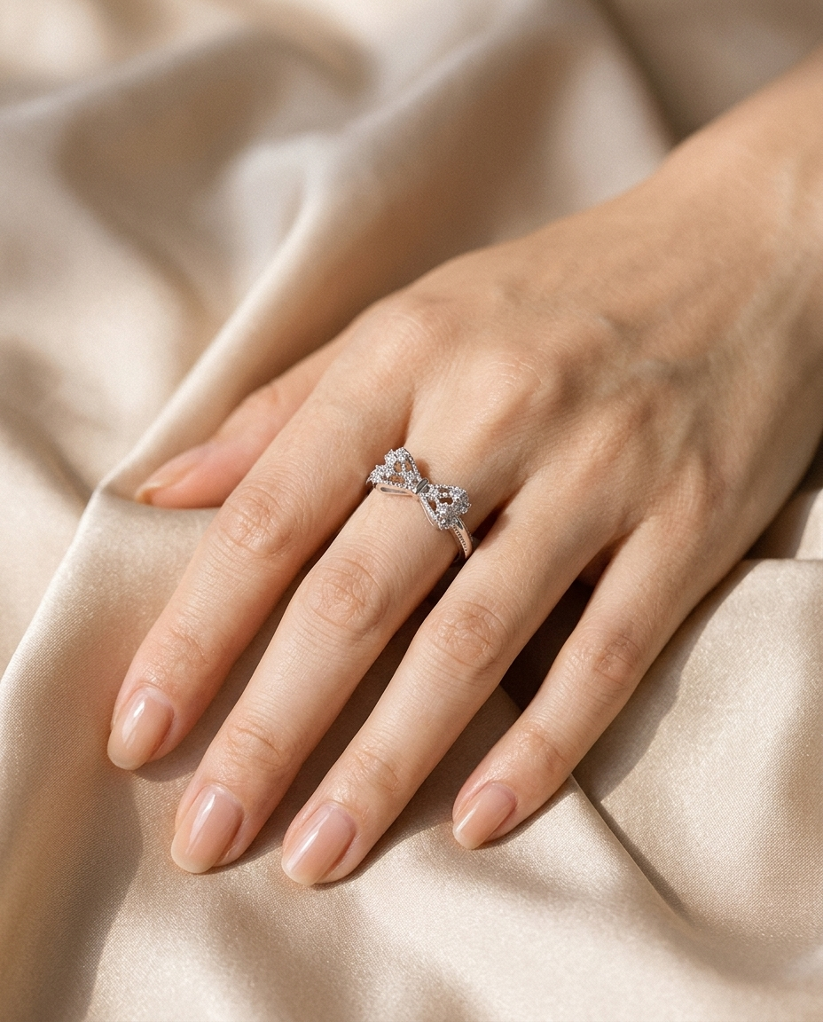 Sparkling Bow Ring worn on the hand