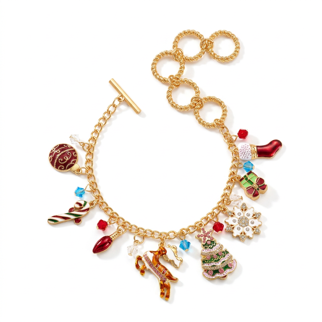 Christmas Charm Bracelet, Gold Festive Charms