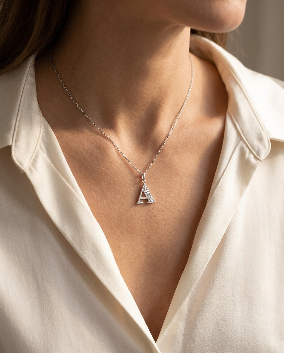 Initial Necklace worn at the collarbone