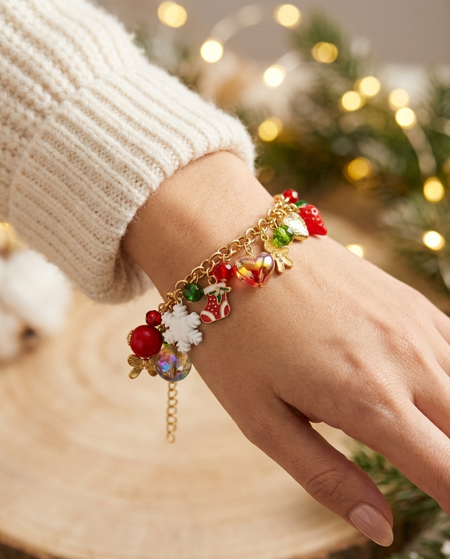 Gold Christmas Charm Bracelet worn on the wrist