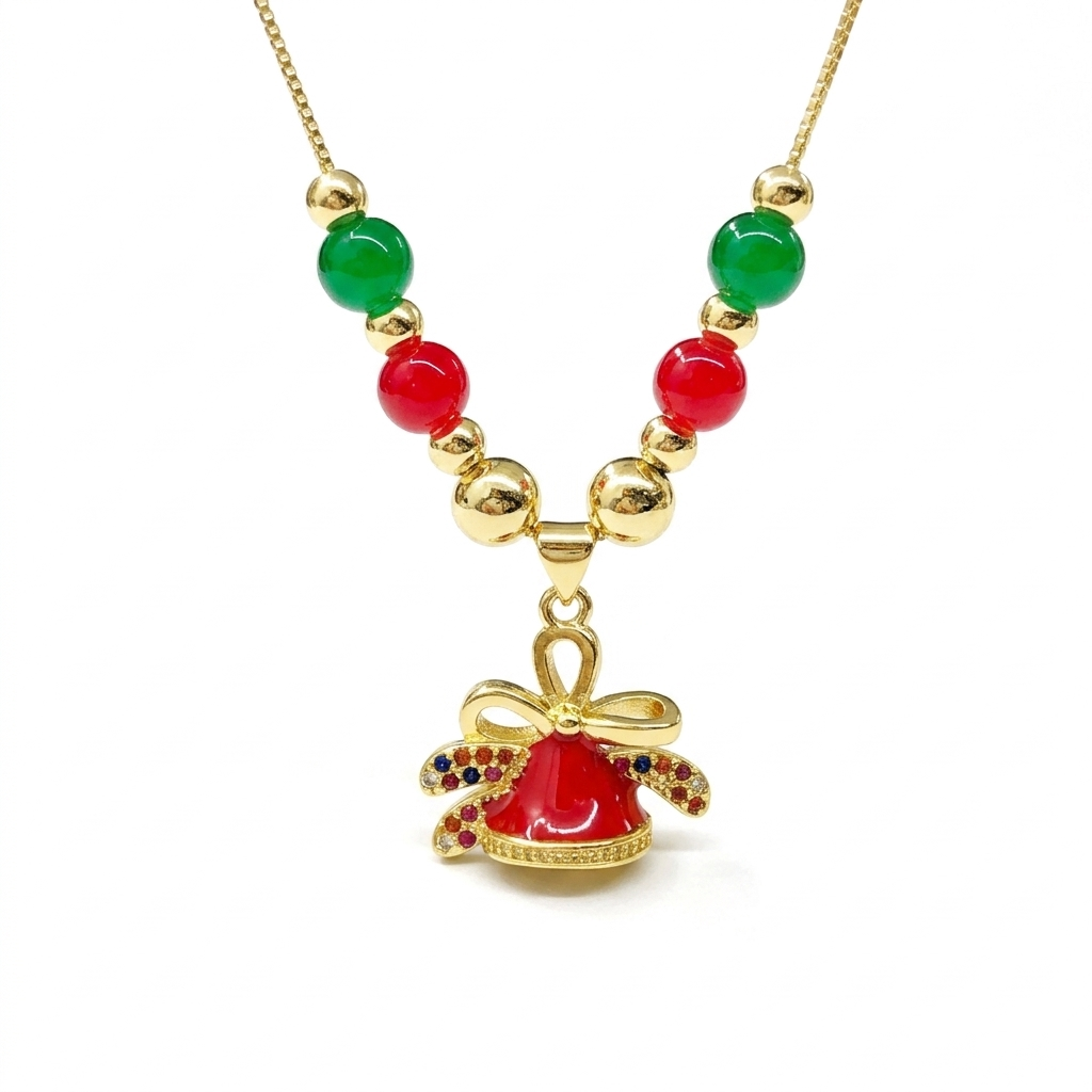 Red Bell & Bow Christmas Necklace