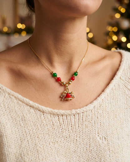 Red Bell & Bow Christmas Necklace worn