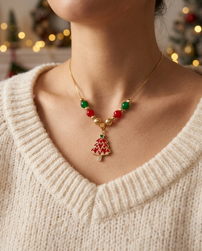 Red Christmas Tree Necklace worn