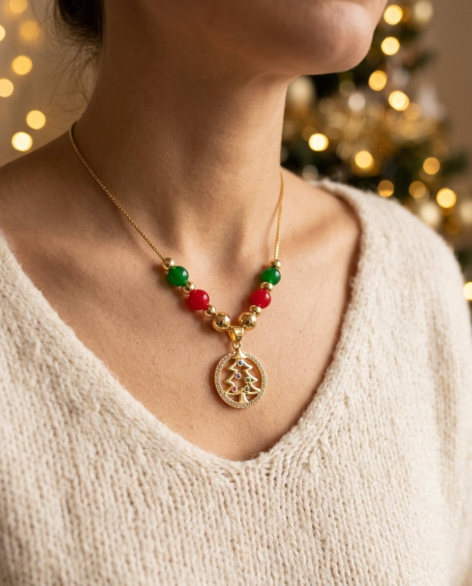 Golden Tree Medallion Christmas Necklace worn