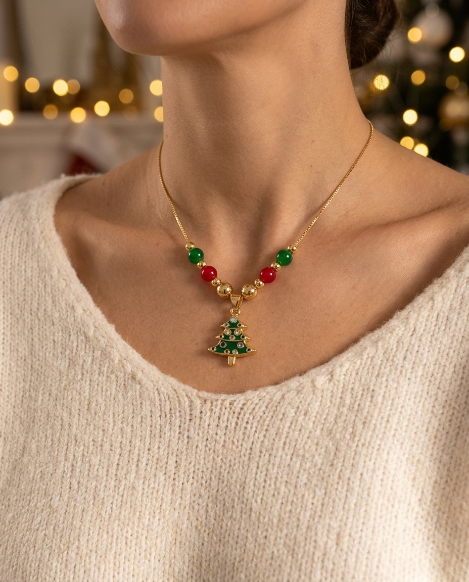 Green Christmas Tree Necklace worn