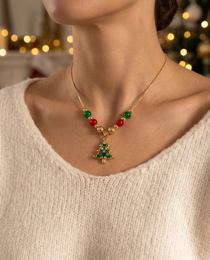 Green Christmas Tree Necklace worn