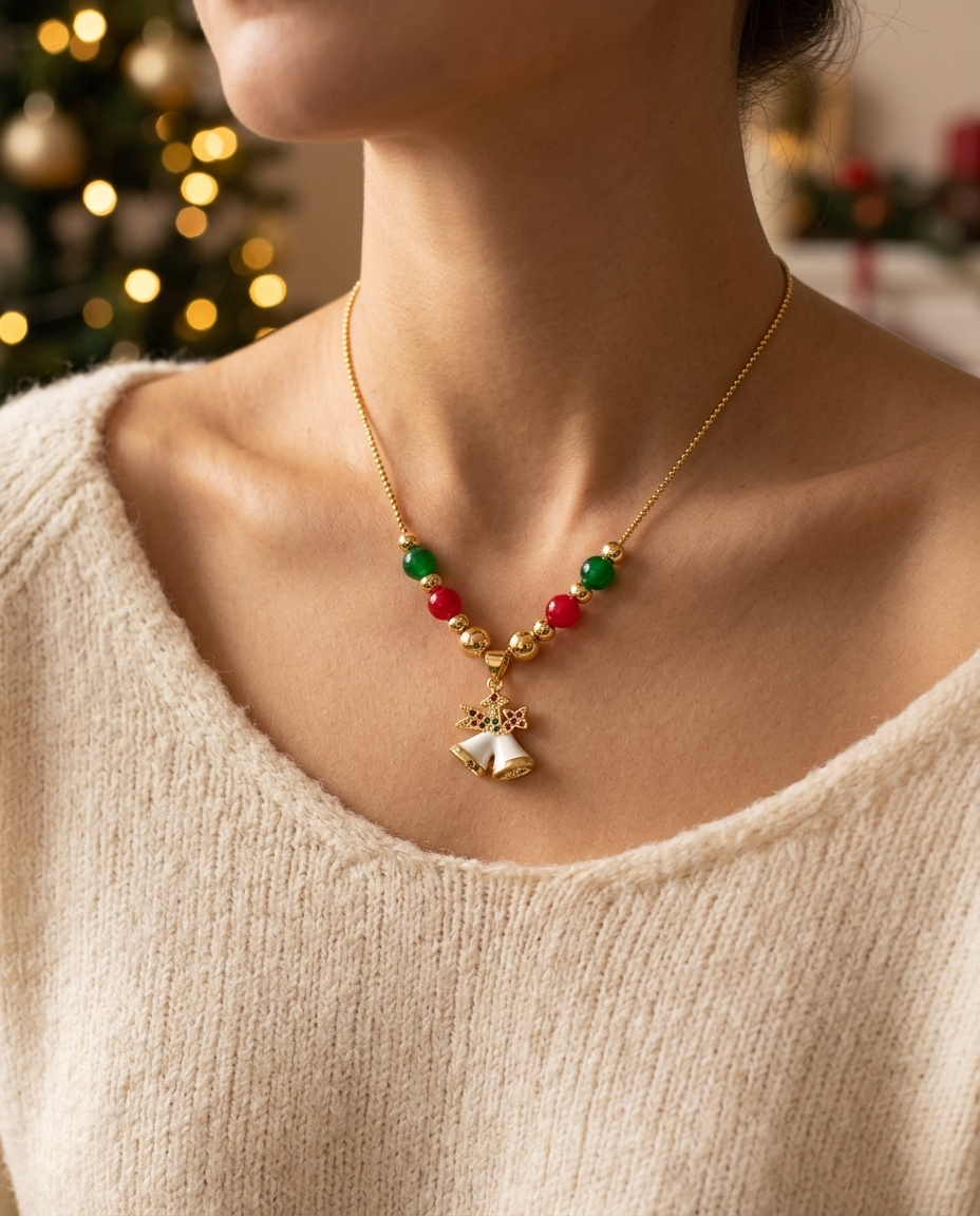 White Bells & Bow Christmas Necklace worn