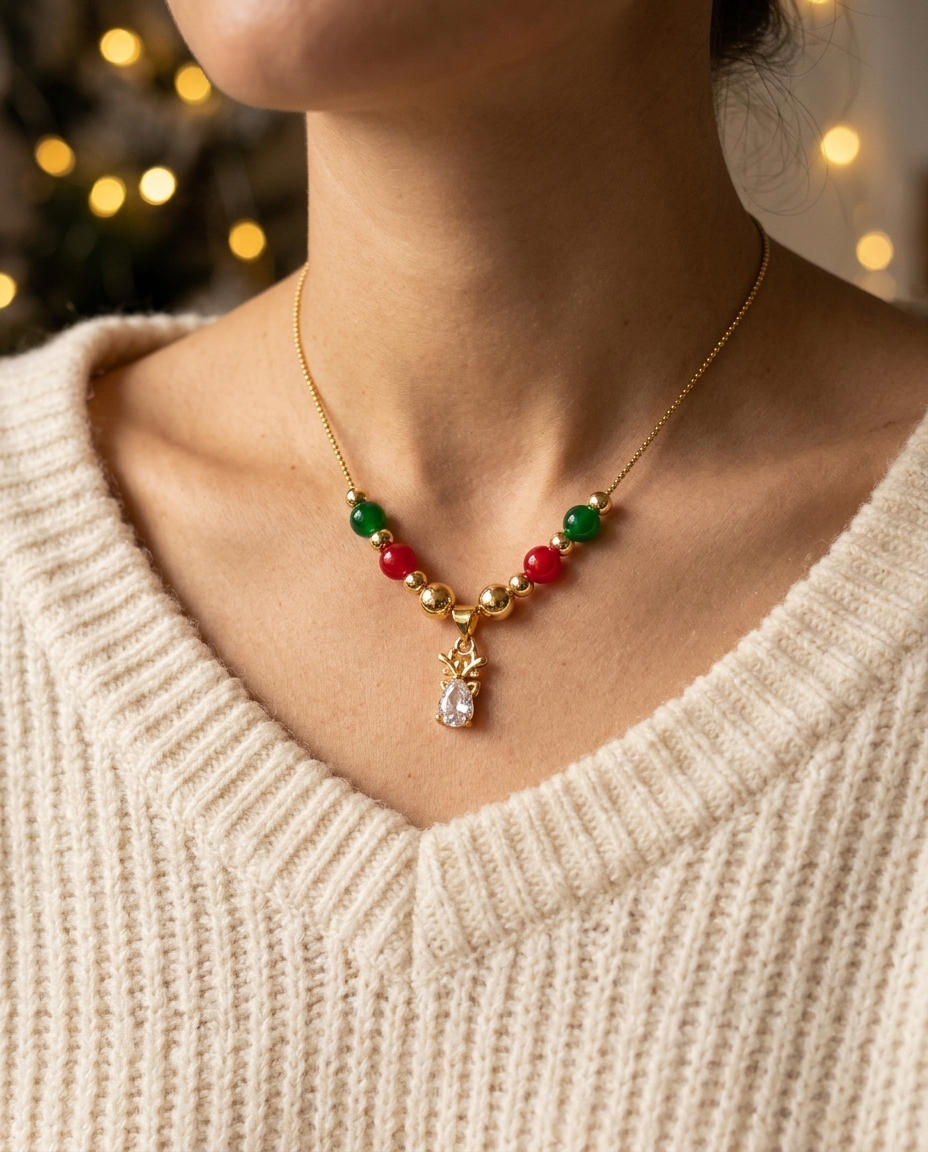 Little Crystal Reindeer Christmas Necklace worn