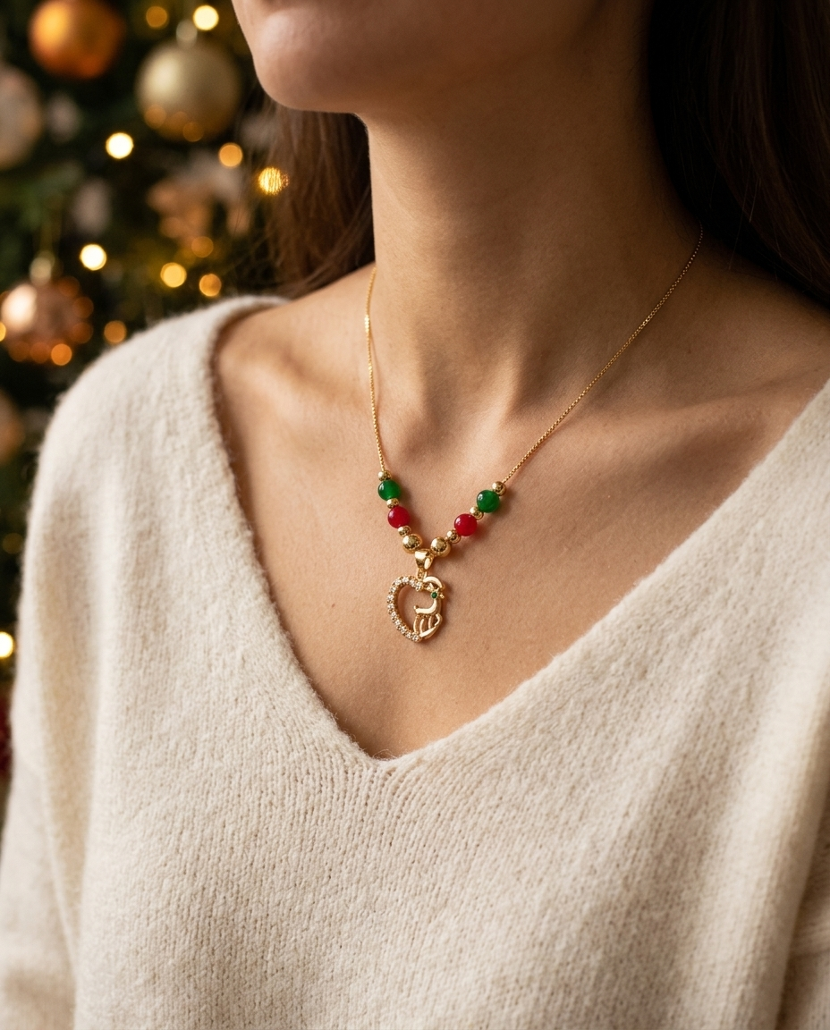 Reindeer Heart Christmas Necklace worn
