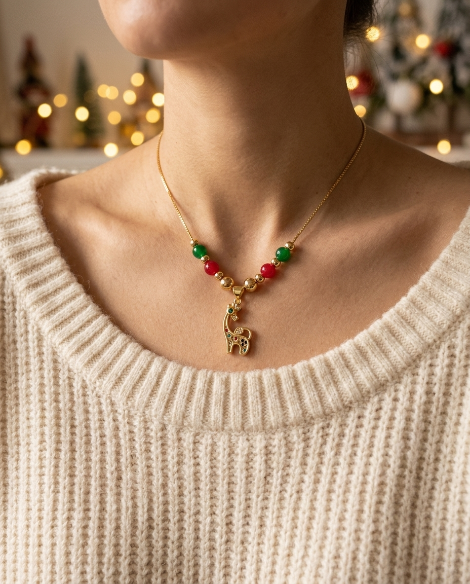 Golden Fawn Christmas Necklace worn