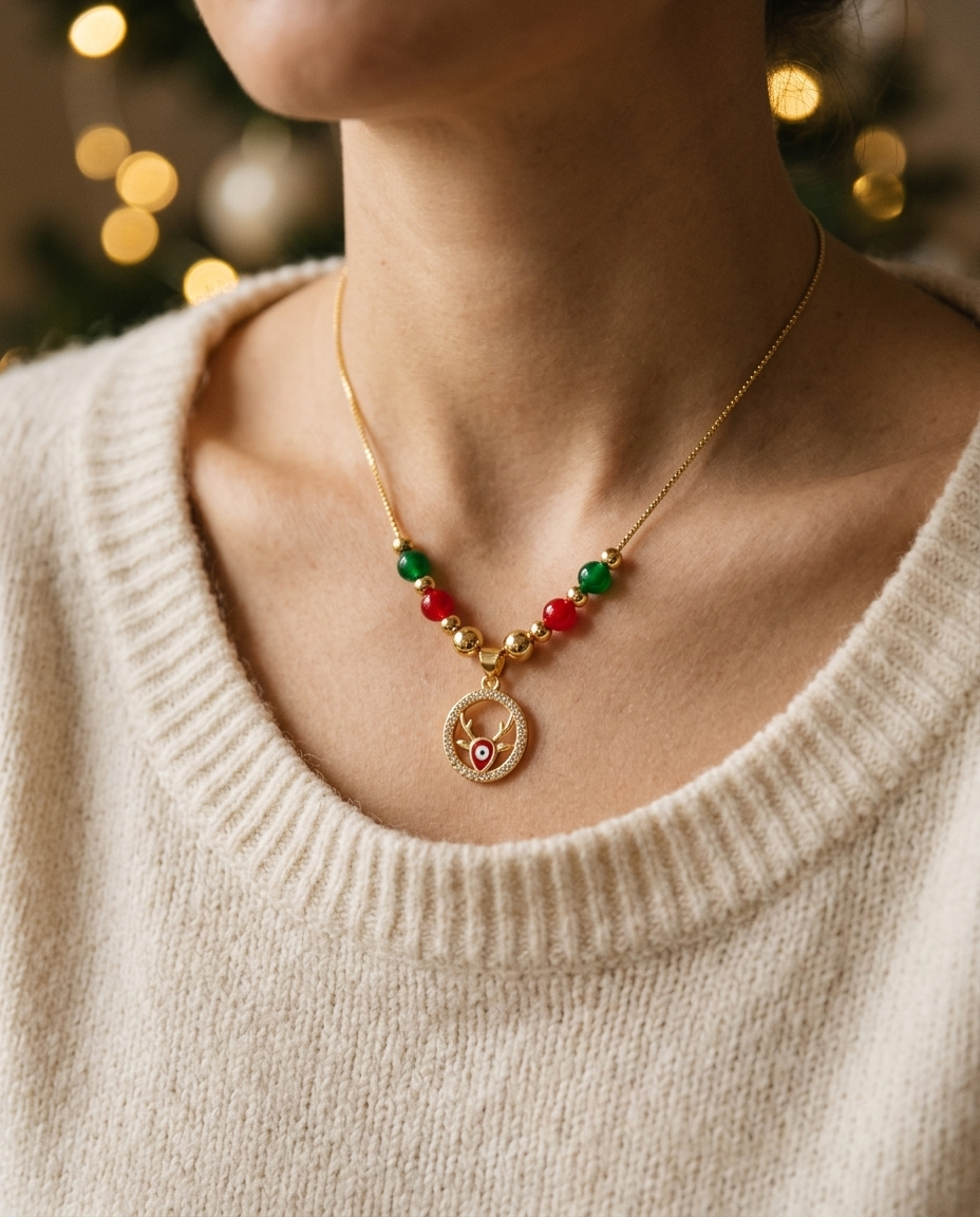 Reindeer Wreath Christmas Necklace worn