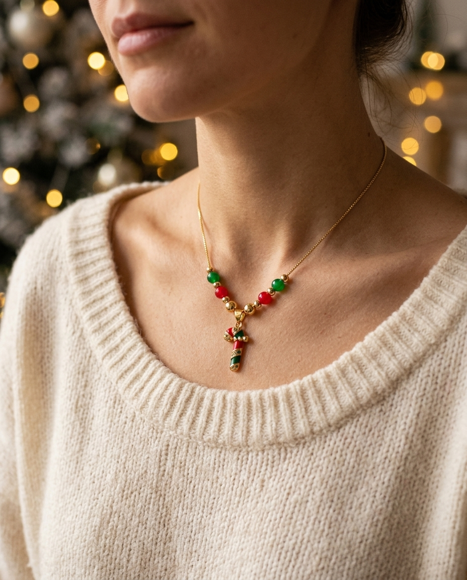Candy Cane Christmas Necklace worn