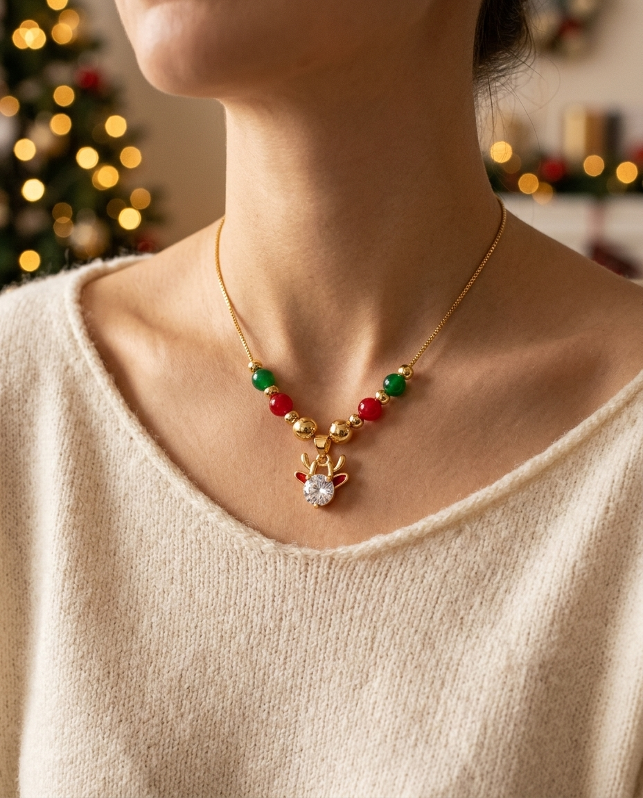 Crystal Reindeer Christmas Necklace worn