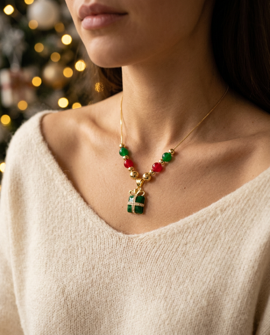 Green Gift Box Christmas Necklace worn