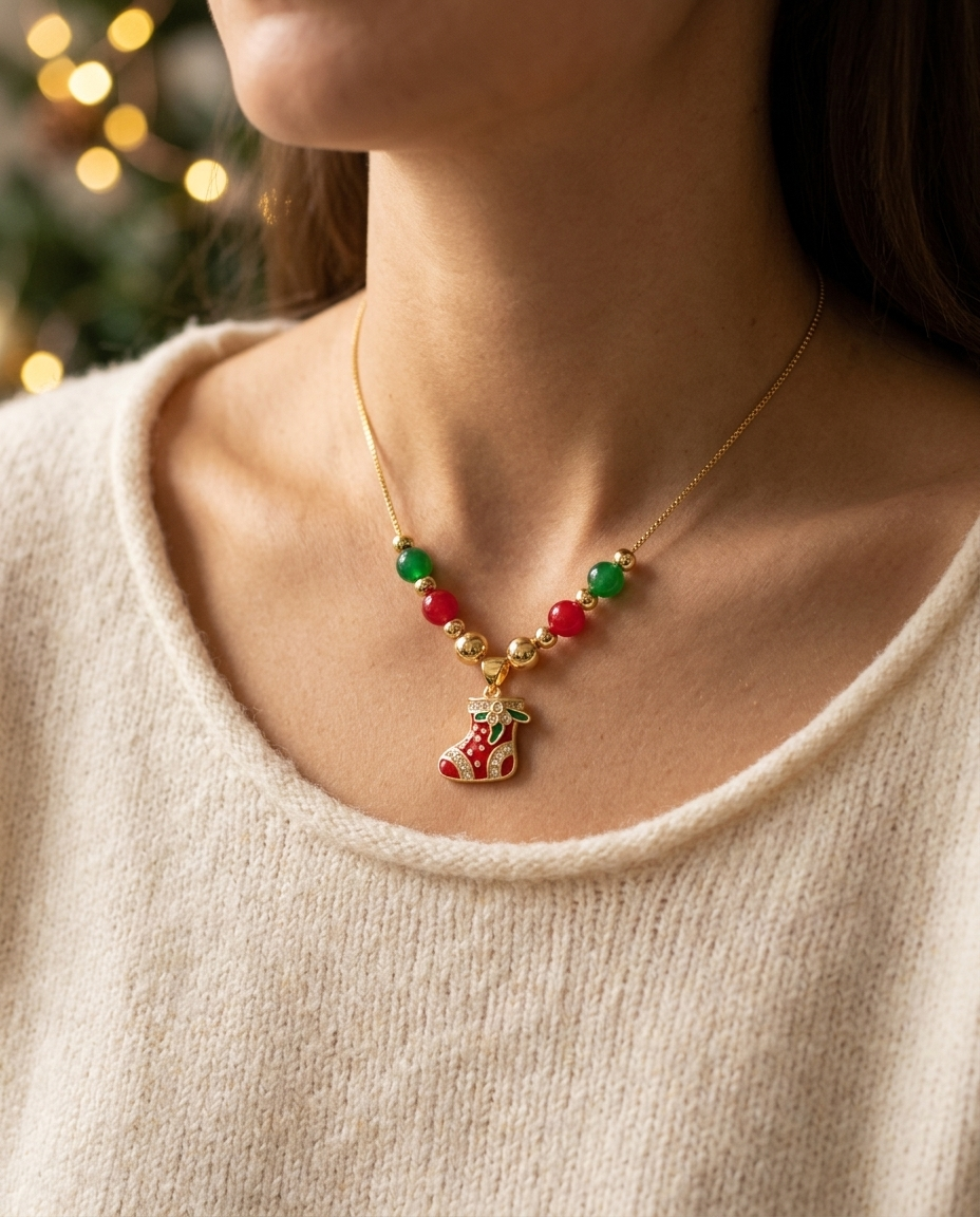 Red Stocking Christmas Necklace worn